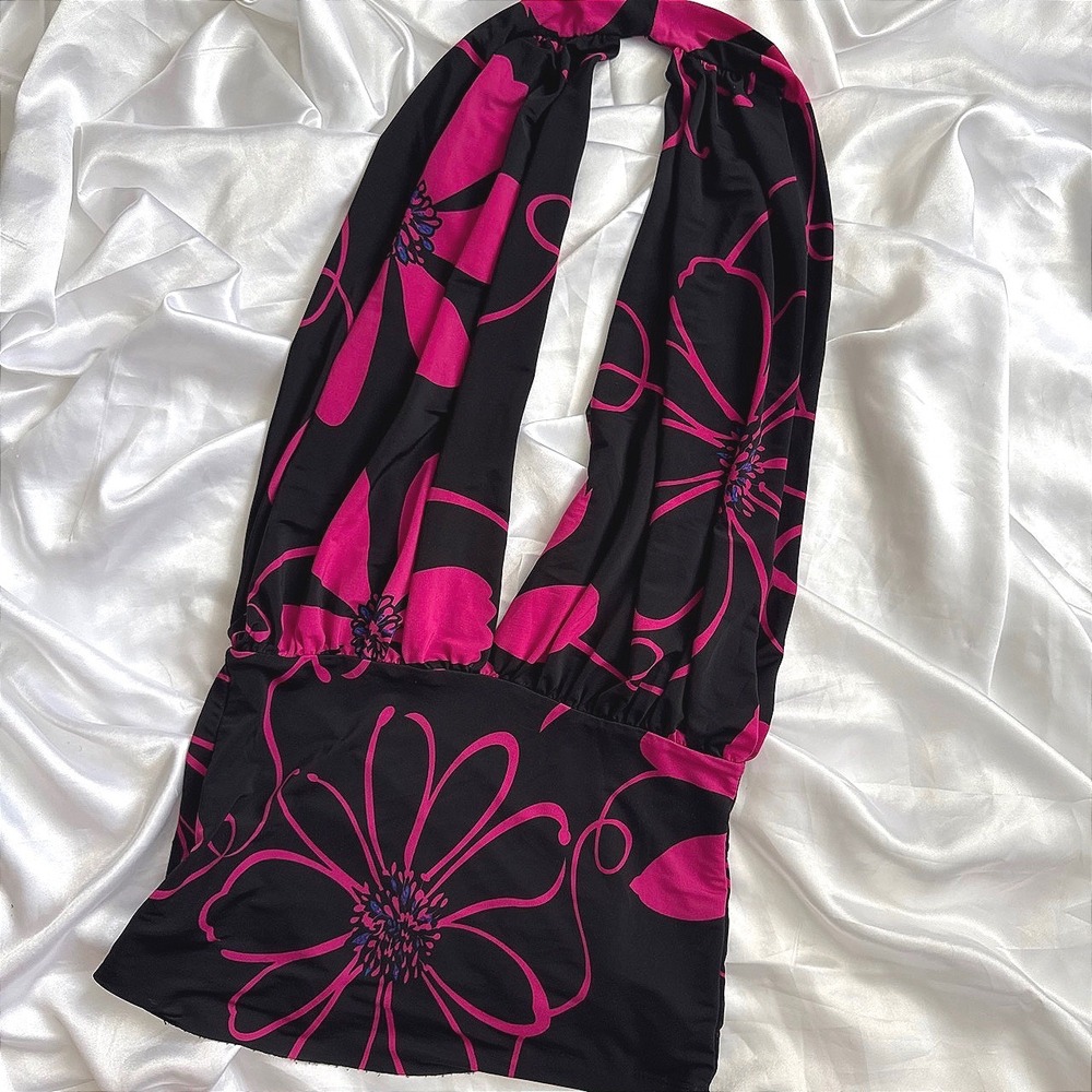 Entro Pink Black Floral Halter Top Deep V-Neck Sleeveless Blouse